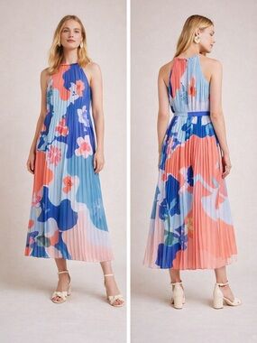Anthropologie Pankaj & Nidhi Pleated Maxi Dress Abstract Floral Colorblock M